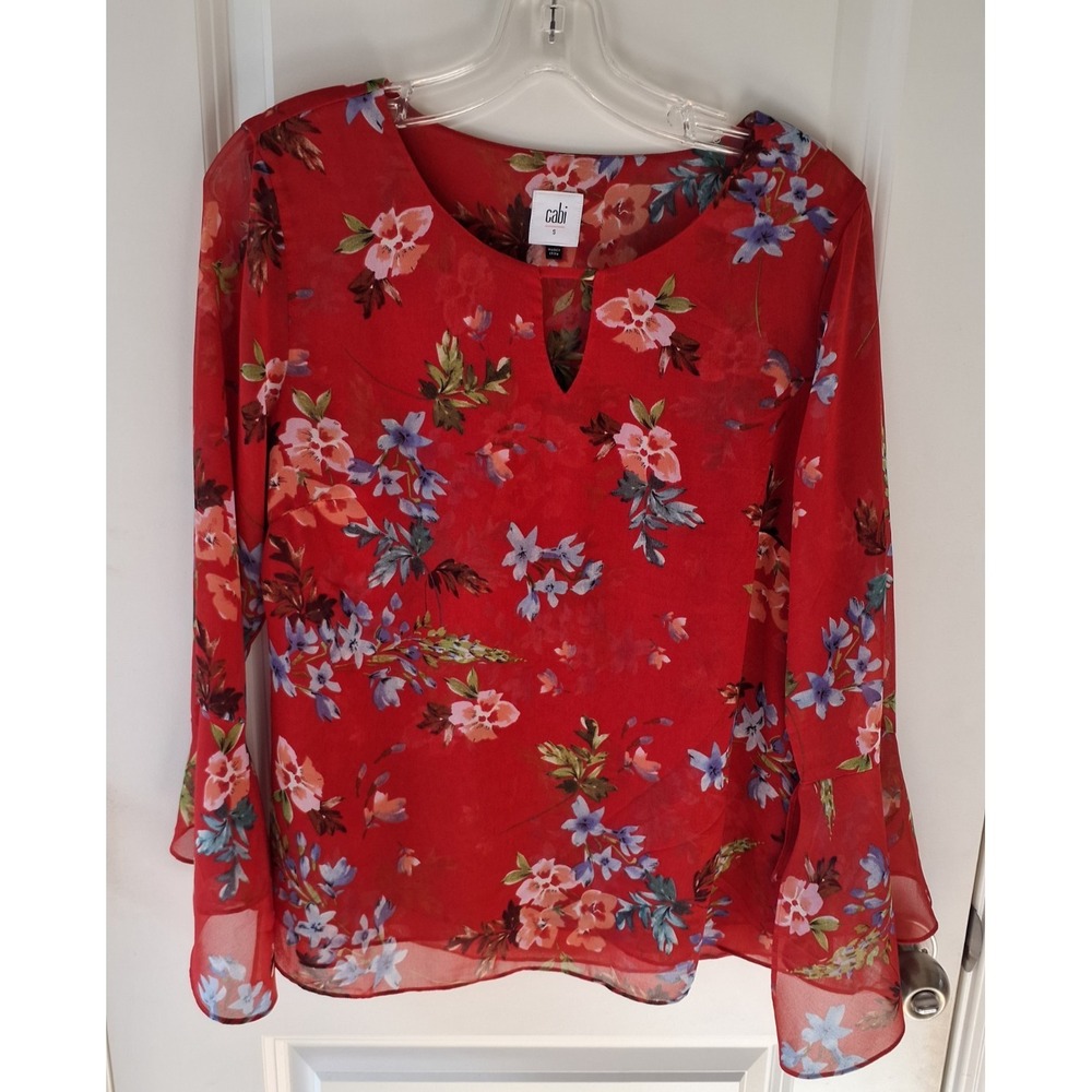 Cabi Floral Blouse Women's Small Red Sheer Chiffon Bell Sleeve Boho Top